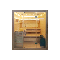 Sauna traditionnel familial de luxe pour 4 à 6 personnes, grande taille, avec mur en sel de l'Himalaya, porte entièrement vitrée, pour spa bien-être