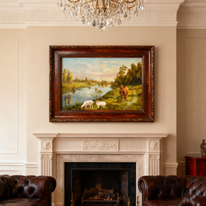 Tranh in dầu phong cảnh trang trại hiện đại trên vải với cảnh đồng quê sông nước, gia súc (bò & cừu) trang trí tường nhà, có khung - Product Image 5
