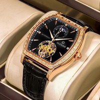 Montre mécanique Glen neuve, cadran à phases lunaires en alliage, aiguilles lumineuses, résistance à l'eau 30M, bracelet en cuir véritable, style business pour homme