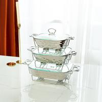 Ensemble de 3 réchauds en céramique martelée dorée avec couvercle en verre et support chauffant doré, chauffe-plats rectangulaire pour buffet et traiteur