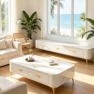 Set di Lusso con Mobile TV <span class=keywords><strong>in</strong></span> Legno e Marmo, Tavolino da Salotto con Vano Portaoggetti, <span class=keywords><strong>Arredamento</strong></span> per Interni - Product Image 6