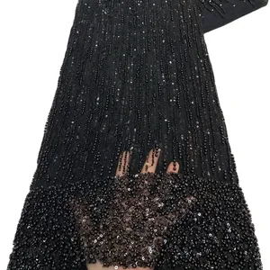 YZW золотой поставщик африканские блестки вышивка Французский Тюль африканская кружевная ткань с бусинами и блестками
