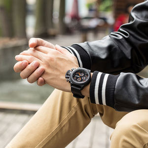 Montre de sport <span class=keywords><strong>MEGIR</strong></span> <span class=keywords><strong>2002</strong></span> G noire et blanche, grand boîtier, bracelet en cuir, acier inoxydable, silicone, pour le sport, la course et le business - Product Image 5