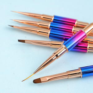 Pinceau à ongles double face en gel avec manche métallique arc-en-ciel, pinceau de précision 3D pour acrylique, tête oblique ronde, pour manucure et nail art en salon - Product Image 2