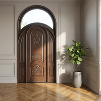 Porte d'entrée extérieure cintrée de luxe sur mesure en bois massif, sculptée en acajou, à sommet rond, pour entrée principale de villa