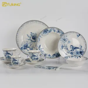 Wholesale Porcelain Dinnerware Restaurant Plates Dish Set Blue And White Fine Bone China For Party And Wedding