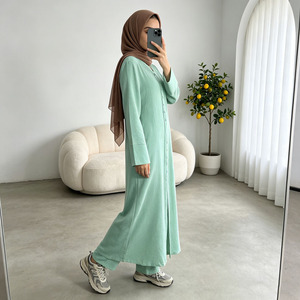 ชุดอาบายะสีเขียวมิ้นท์สุดหรูสำหรับผู้หญิง ชุดมุสลิมแบบเปิดด้านหน้าพร้อมเชือกผูก เสื้อคลุมแฟชั่นแบบเรียบร้อย - Product Image 1