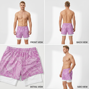 Men's Pink Paisley Print Mid Waist Casual Four-Way Stretch Drawstring Shorts Gothic Cross Logo Breathable Satin <b>Board</b> - Product Image 4