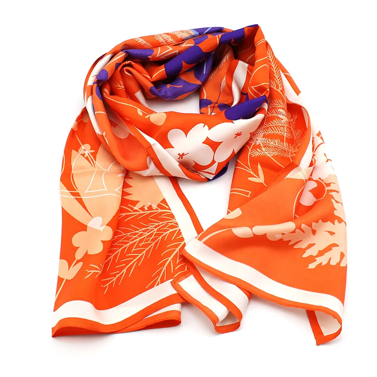 Women Men Orange Floral Create Your Own Design Long Style Custom Fragrant Floral Leaf Beach Pastel Twill 100% Silk Printed Scarf