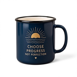 Custom Dark Blue Outdoor Camping Iron Enamel Mug with Sunrise Graphic Lightweight Shatterproof Metal Coffee Cup - Product Image 1