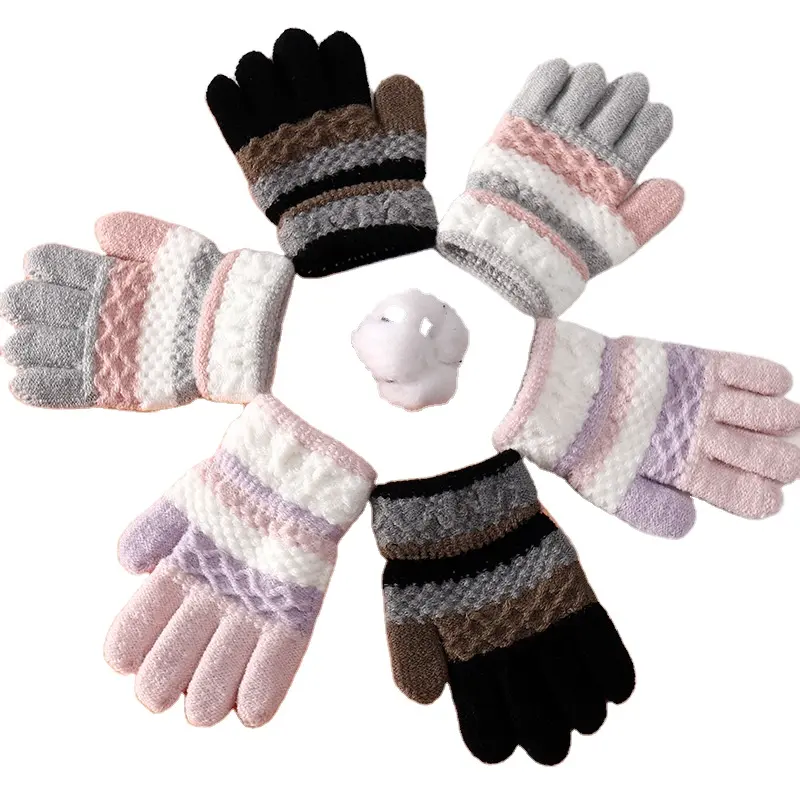 Cute Winter Striped Full Finger Knitted Warm Kids Crianças Mitten Glove Para 3-8 Anos de Idade Meninos e Meninas