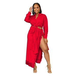 Abbigliamento Femminile Europeo e Americano, Completo Due Pezzi con Camicia e Gonna, Set con Nappine e <span class=keywords><strong>Pizzo</strong></span>, Gonna con Spacco e Lacci - Product Image 4
