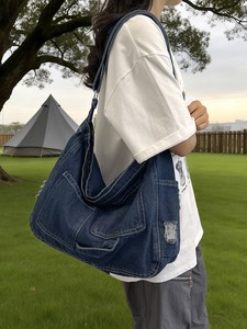 Sac fourre-tout en jean bleu uni vintage avec fermeture à bouton pour les filles coréennes et les étudiantes - Utilisation quotidienne et voyage - Product Image 6
