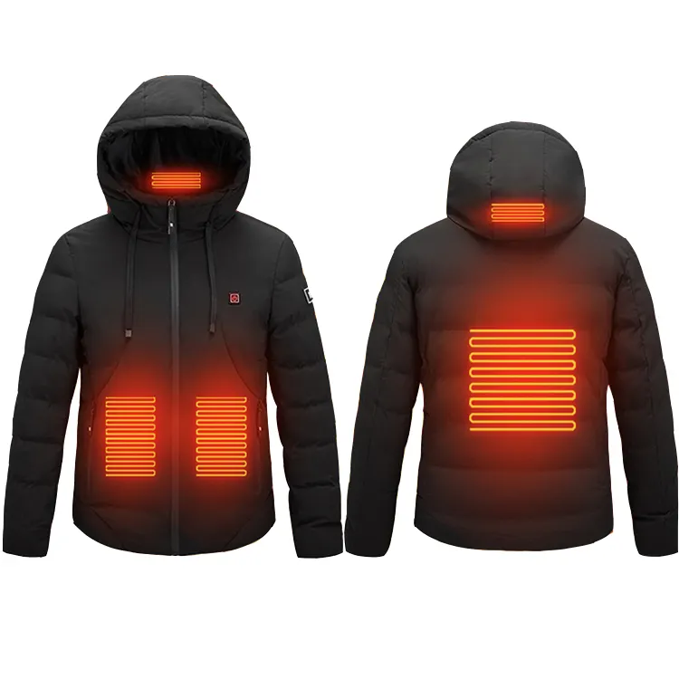 Custom Winter Electronic Usb 5v Intelligent black Hooded Down puffer Heated Jacket men with portable battery