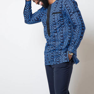 Chemise traditionnelle à imprimé africain Bleu marine Imprimé Hommes Top 100% Chemise en coton ciré pour la nouvelle saison - Product Image 4