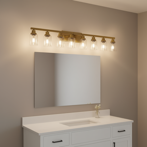 Applique murale moderne pour salle de bain, 51 pouces, dorée, 8 lumières, abat-jour en verre transparent, métal fer, pour miroir, coiffeuse - Product Image 2