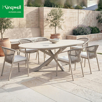 Ensemble de salle à manger d'extérieur 6 places avec structure en aluminium, table et chaises en corde pour terrasses de restaurants et complexes hôteliers