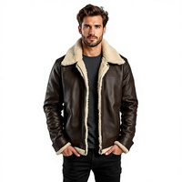Blouson aviateur en cuir de vachette marron pour homme, doublure en fourrure de mouton, col rabattable, fermeture éclair, coupe classique, vêtement d'hiver