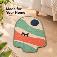 Tapis à gratter pour chat en sisal sur mesure avec motif menthe et blocs de couleur corail et motif chat