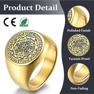 Anillo de Sello Masculino con Incrustaciones de Estrella de Siete Puntas, Acero Inoxidable Chapado en Oro de 18k, Hipoalergénico, Impermeable, Kabbalah de Salomón, Venta al por Mayor - Product Image 1