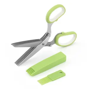 Wholesale stainless steel 5 layer kitchen scallion herb vegetable cut scissors cooking tools shredded green onion scissors set