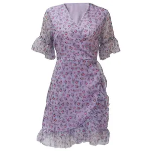 ผู้หญิง Lilac Floral Wrap Dress ฤดูร้อน Flare แขน Boho พิมพ์มินิ Sundress เซ็กซี่ V คอผู้หญิงเสื้อผ้า