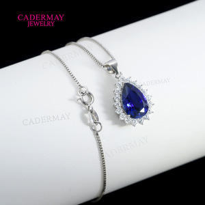 Cadermay Crystal Pendant Necklace Sterling Silver 8x12mm Pear Shape Blue Stone Party Jewelry - Product Image 1