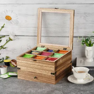Cajón carbonizado de pino de dos capas, caja de madera, tapa de malla transparente, bolsa de té y café, cuchara de café, caja de almacenamiento de madera