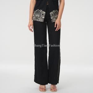 Ensemble en lin sur mesure pour femmes OEM, pantalon droit pour femmes d'affaires, haut court en lin sans manches à col carré, ensemble deux pièces - Product Image 6