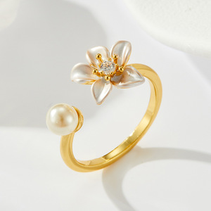 Flower Open <b>Ring</b> With Imitation Pearl Adjustable Index <b>Finger</b> <b>Ring</b> For Gift Jewelry - Product Image 4