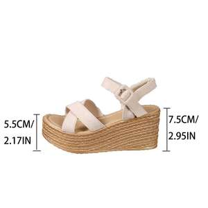 Women's Summer Elegant Solid Color Waterproof Platform Wedge <strong>Sandals</strong> Woven Rope Suede Thick Sole Heel Strap Buckle Hollowed-out - Product Image 5