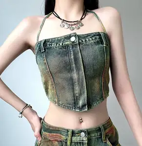 Moda ESTOQUE Sexy Sem Mangas Halter Washed Tie Dye Jeans Colorido Denim Tie Up Vest Tubo Curto Tops Mulheres Regata