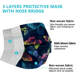 일회용 얼굴 마스크 성인 사용자 정의 디자인 3 레이어 비 짠 개인 보호 컬러 나비 마스크