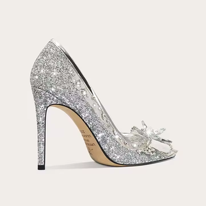 Zapatos de tacón alto de lujo para mujer, sexys, con punta en pico, cristal, flor de cristal, diamantes de imitación plateados, con tira trasera, sin cierre, para fiesta. - Product Image 2