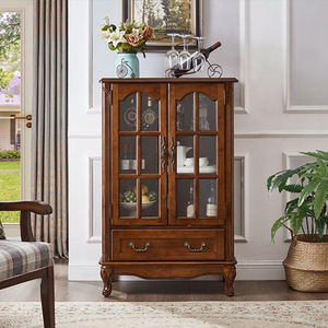 유산 골동품 나무 디스플레이 캐비닛 조정 가능한 선반 거실 보관을위한 가정용 가구를위한 어두운 다크 브라운 유리 문 - Product Image 1