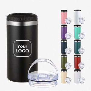 Vaso Térmico Personalizado con Logotipo 4 en 1 de 16 oz, Aislador de Latas de Acero Inoxidable, Vaso Recto con 2 Tapas - Product Image 1