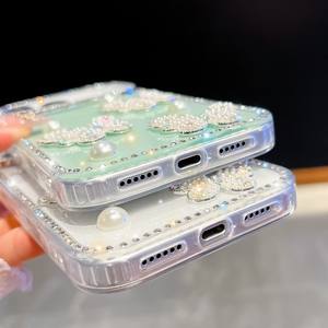 Роскошный блестящий чехол для телефона с бриллиантовой рамкой и жемчужной бабочкой для iPhone 17Air 16E 15plus 13promax Прозрачный чехол для samsung S25 - Product Image 3