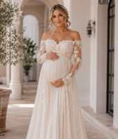 Robe de mariée LY-WD1405 pour femme enceinte, robes de mariée en dentelle avec traîne, épaules dénudées, manches longues, col cœur, robe élégante