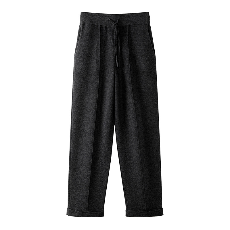Fine-knit Nylon/cotton Women's Autumn High-waisted Drawstring Tie-waist Solid Color Slim-fit Casual Pants Double-layered