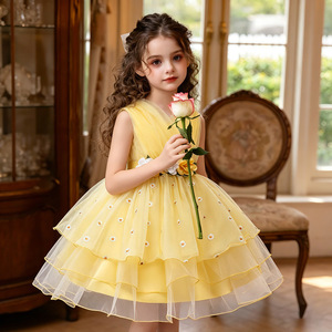 Vestido de princesa sin mangas con estampado floral amarillo para niñas, disfraz para actuación en escenario 2033 - Product Image 2