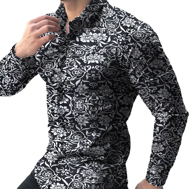RNSHANGER Moda Floral Impressão Camisa Para Homens Vestuário Social Blusa Masculina Botão Havaiano Up Manga Longa Cardigan Camisas