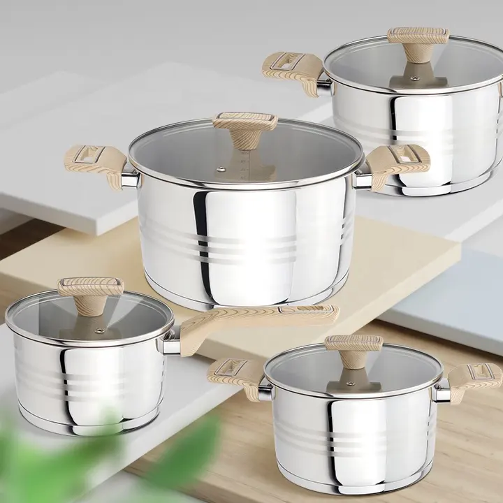 OEM personalizar ollas y sartenes de cocina de forma recta juego de utensilios de cocina de acero inoxidable con tapa de vidrio plano