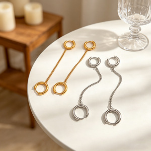 Classic Double Hoop <b>Earrings</b> 18K Gold Stainless Steel <b>Tassel</b> Geometry Circle Design Fashion Hoop Earings - Product Image 1