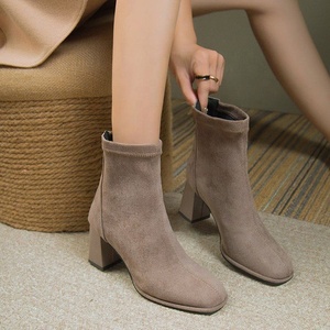 Korean Western Thick Short <b>Boots</b> with Square Toe Caps PU Upper Material Square Heel Rear Zipper Design Exuding Elegant Style - Product Image 4
