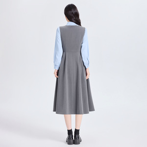 Women's Grey Vest Dress Natural Waist Pleated Turn-down Collar Daily Wear Career Dresses - Product Image 1
