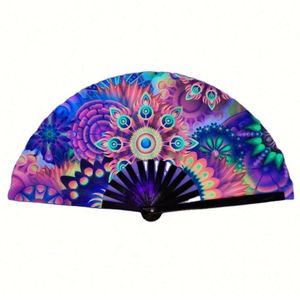 13 Inch UV Glow Women/Men <b>Folding</b> Rave Fan Holographic Bamboo Clack Hand Fan for Festival Music Party Wedding Decorations - Product Image 2