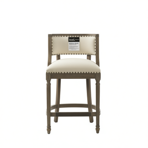 Tabouret de bar de style farmhouse avec dossier, en lin beige clair, structure en bois, finition antique - Product Image 1