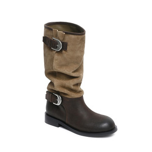 Dong Jie Retro Women's Knee-High Boots Solid Pattern Mid-Sole with Large Belt Buckle and Slim Thick <b>Heel</b> Same Style As Knights - Product Image 6