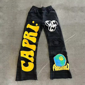 Personalizado 100% algodón de peso pesado Casual plano bordado apliques parches Puff estampado hombres pierna ancha Vintage <span class=keywords><strong>pantalones</strong></span> acampanados - Product Image 2