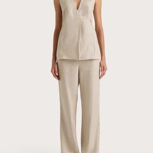 ชุดเซ็ต 2 ชิ้น แฟชั่นใหม่สำหรับผู้หญิง ผ้าลินินซาตินลายแจ็คการ์ด เสื้อแขนกุดและกางเกงขายาวทรงกว้าง ลายเรียบ สไตล์ลำลอง - Product Image 1